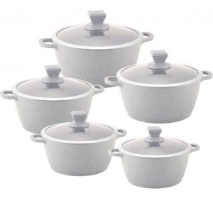 طقم طناجر 5 قطع مع أغطية , طلاء رخامي غير لاصق