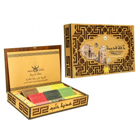 صابون غار - علبة خشب فاخرة - دقة قديمة هدية من حلب 6 قطع